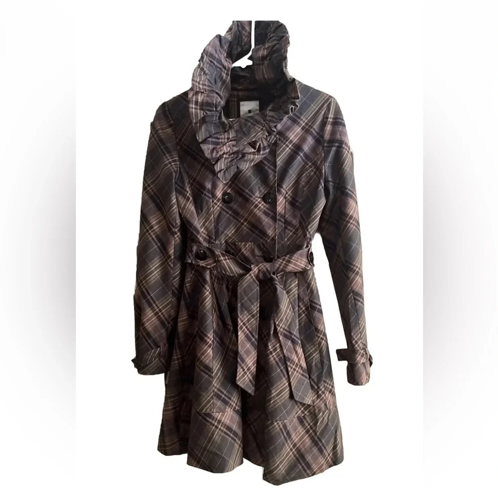 Anthropologie Elevenses Brown Puckered plaid trench coat jacket size 6 - Picture 4 of 9